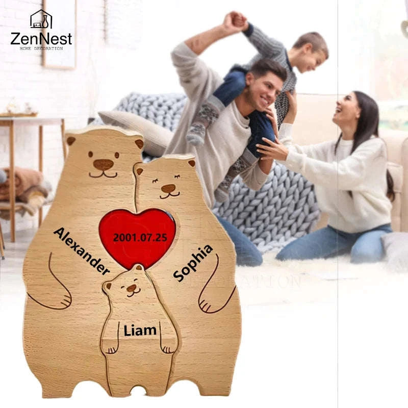 Personalized Wooden Bear Family Puzzle Custom Name Home Decor Gift-2 members / Customized