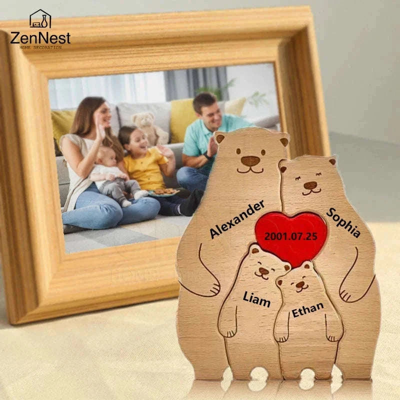 Personalized Wooden Bear Family Puzzle Custom Name Home Decor Gift-2 members / Customized