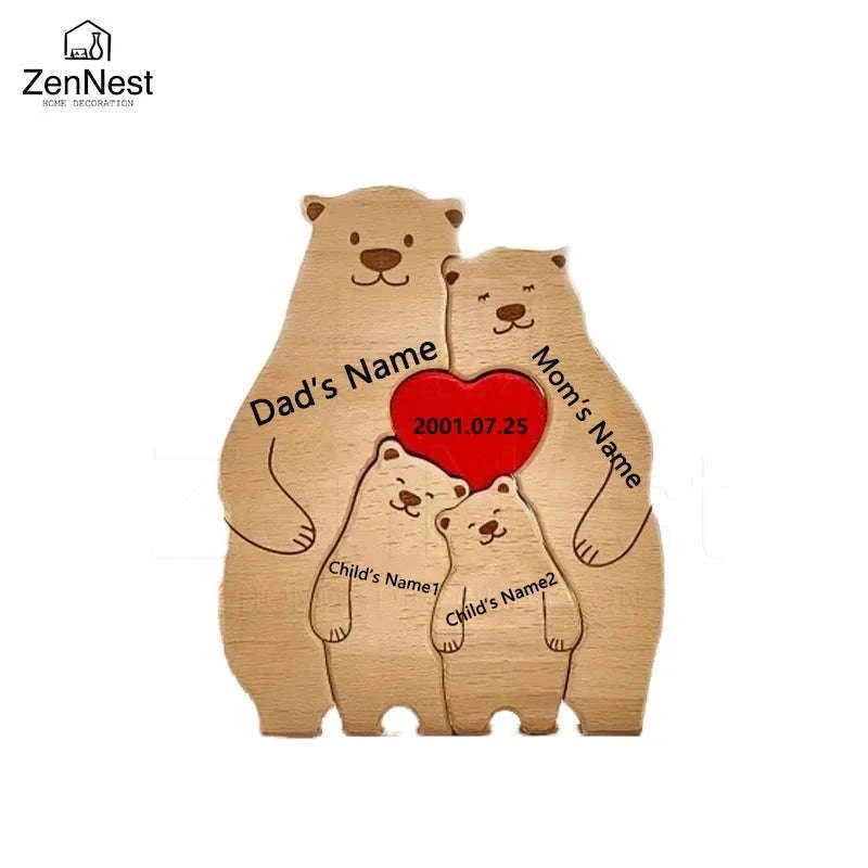 Personalized Wooden Bear Family Puzzle Custom Name Home Decor Gift-2 members / Customized