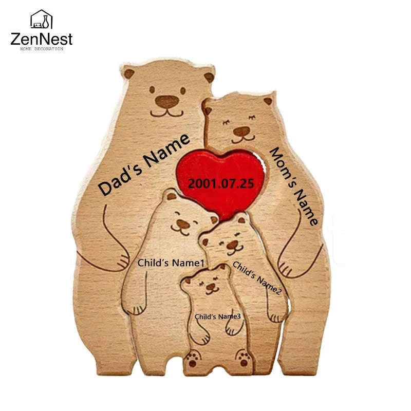 Personalized Wooden Bear Family Puzzle Custom Name Home Decor Gift-2 members / Customized