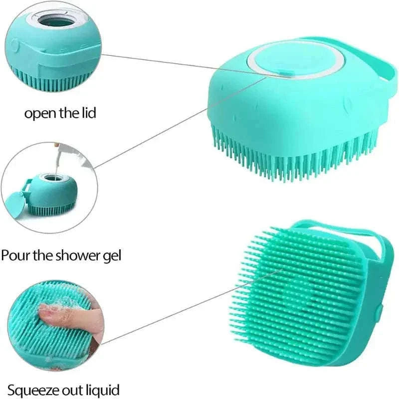 Pet Bathing Brush with Shampoo Dispenser and Soft Silicone Bristles-Pink