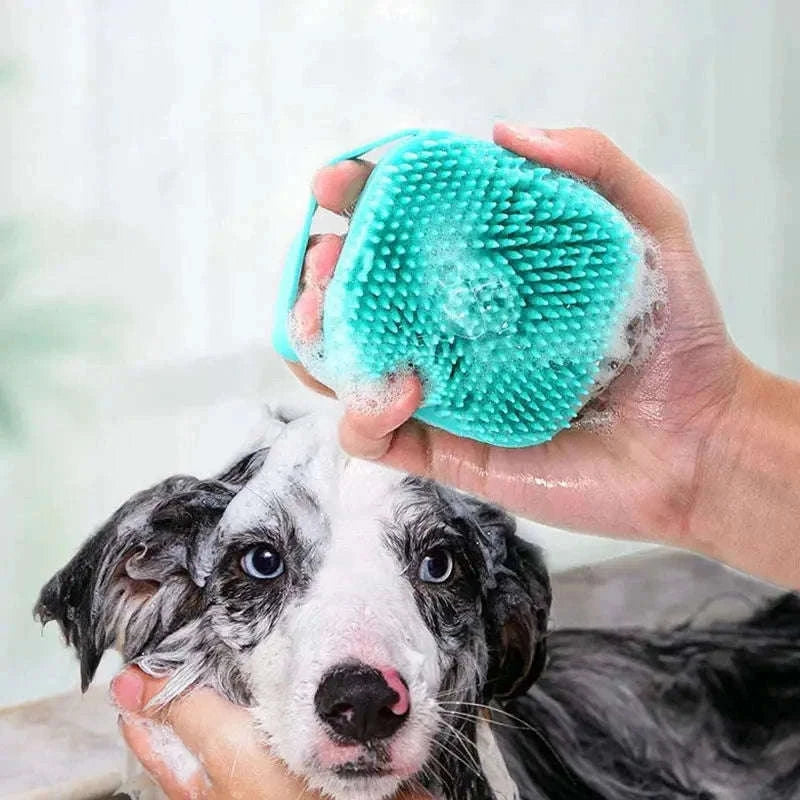 Pet Bathing Brush with Shampoo Dispenser and Soft Silicone Bristles-Pink