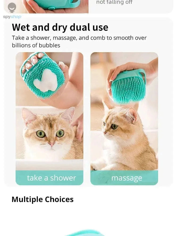 Pet Bathing Brush with Shampoo Dispenser and Soft Silicone Bristles-Pink