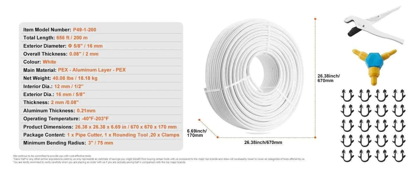 PEX-AL-PEX Radiant Floor Pipe 656ft 5/8" Heating & Plumbing Tube-656ft / spain