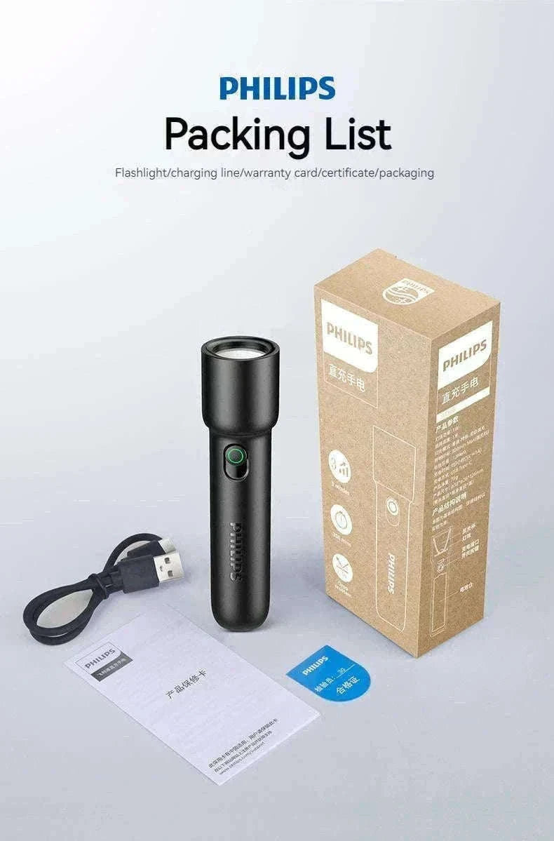 Philips EDC Rechargeable LED Flashlight for Everyday Carry-BLACK / S / black|Fixed Focus|18650