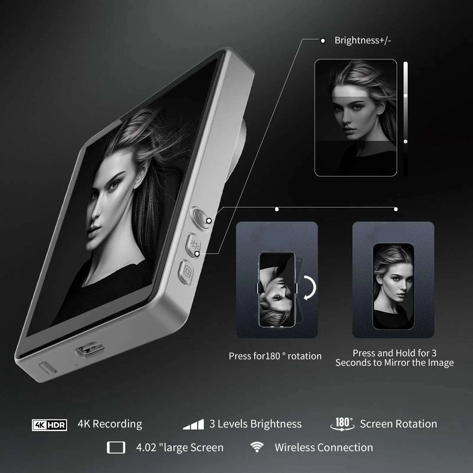 Phone Vlog Selfie Monitor Screen with Magnetic Mount & Remote-Grey