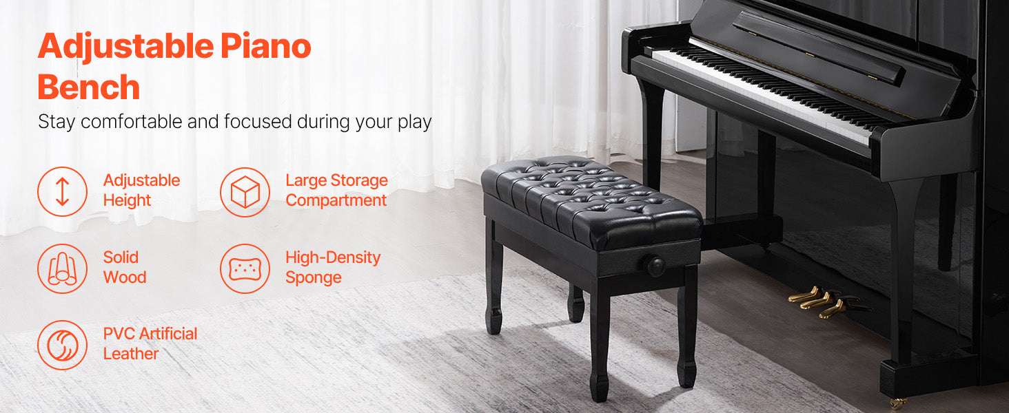 Piano Bench with Storage Cushion Seat Adjustable or Duet Options-Type A Unadjustable / United States