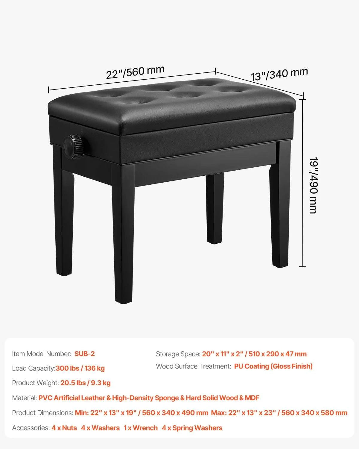 Piano Bench with Storage Cushion Seat Adjustable or Duet Options-Type A Unadjustable / United States