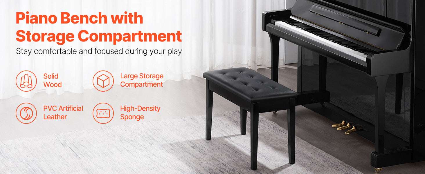 Piano Bench with Storage Cushion Seat Adjustable or Duet Options-Type A Unadjustable / United States