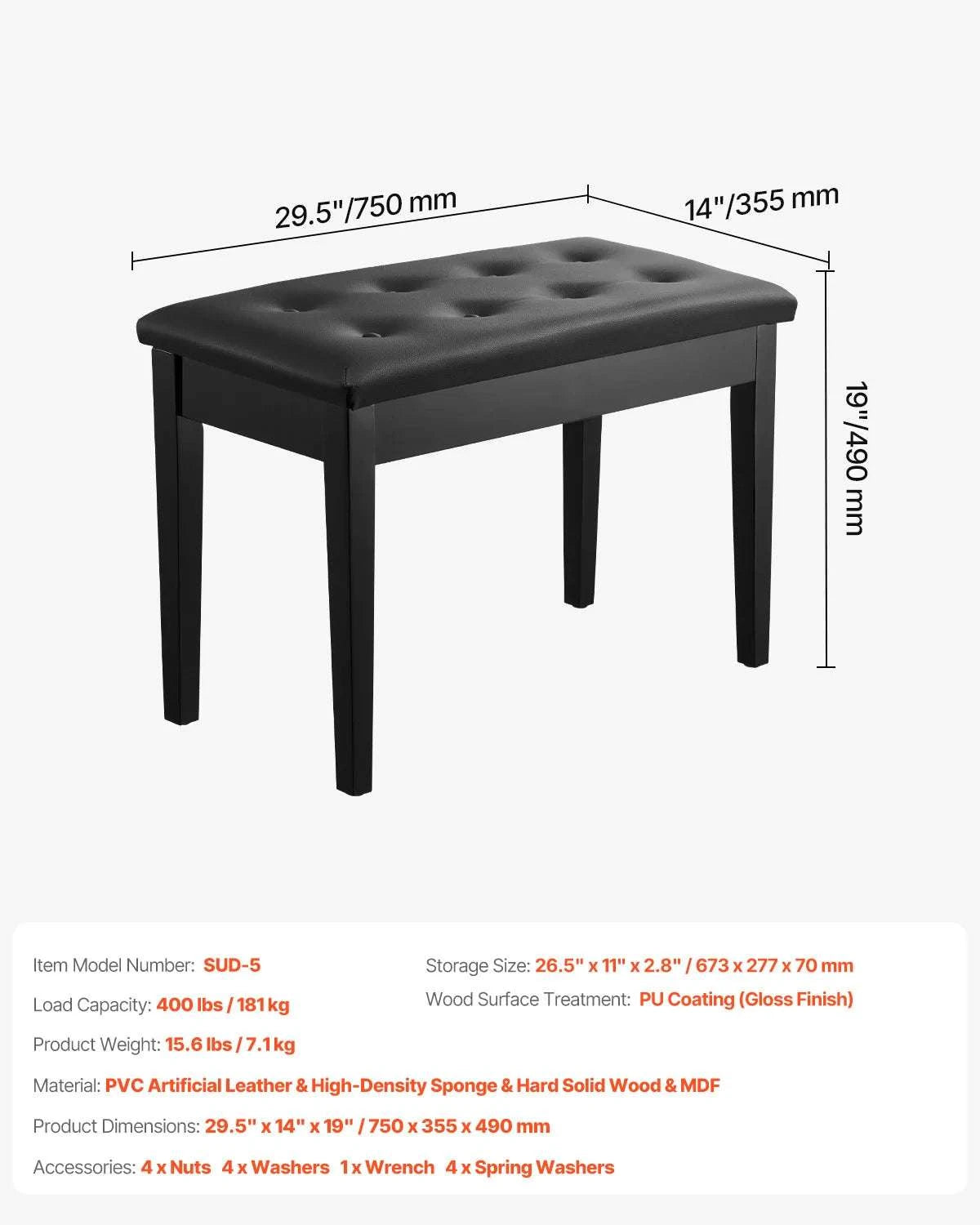 Piano Bench with Storage Cushion Seat Adjustable or Duet Options-Type A Unadjustable / United States