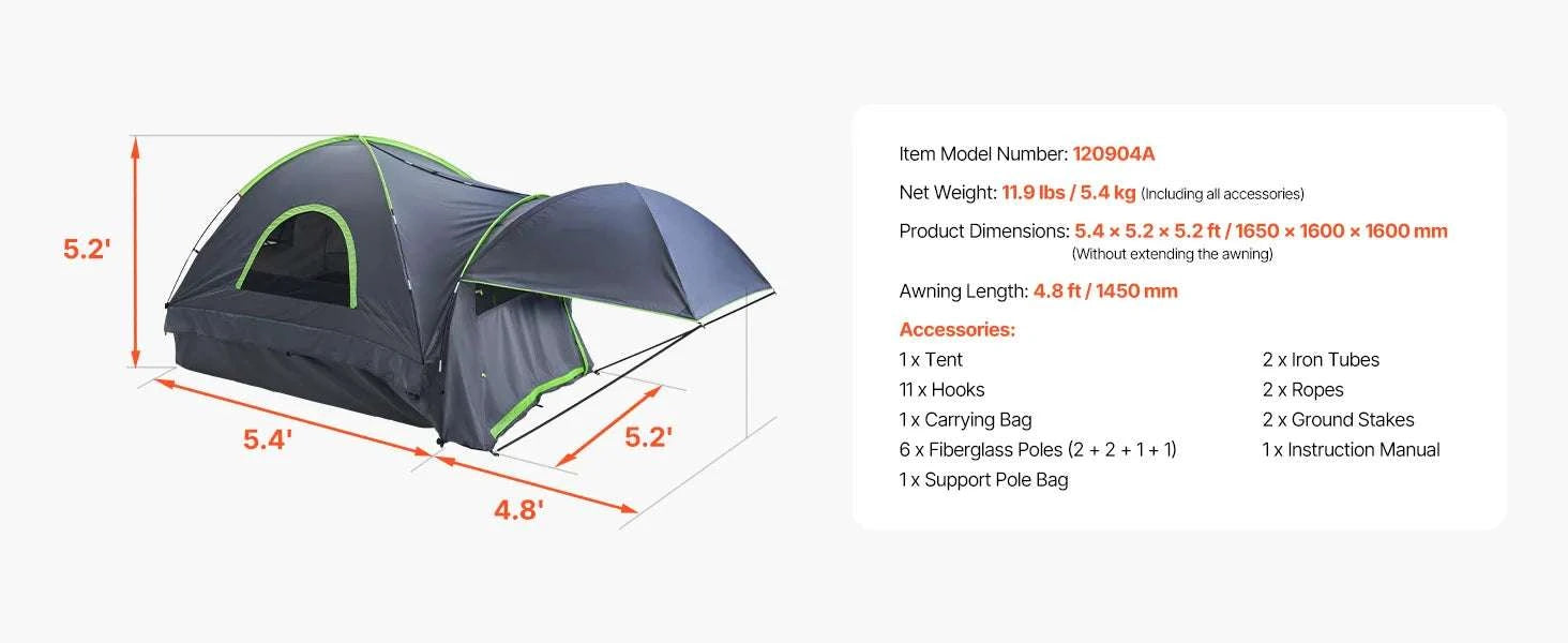Pickup Truck Bed Tent with Awning – Waterproof 2–3 Person Camper-8.0-8.2ft / United States