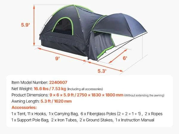Pickup Truck Bed Tent with Awning – Waterproof 2–3 Person Camper-8.0-8.2ft / United States