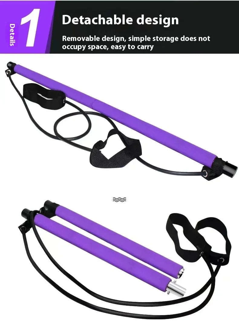 Pilates Stick with Resistance Bands for Full-Body Home Workout-blue