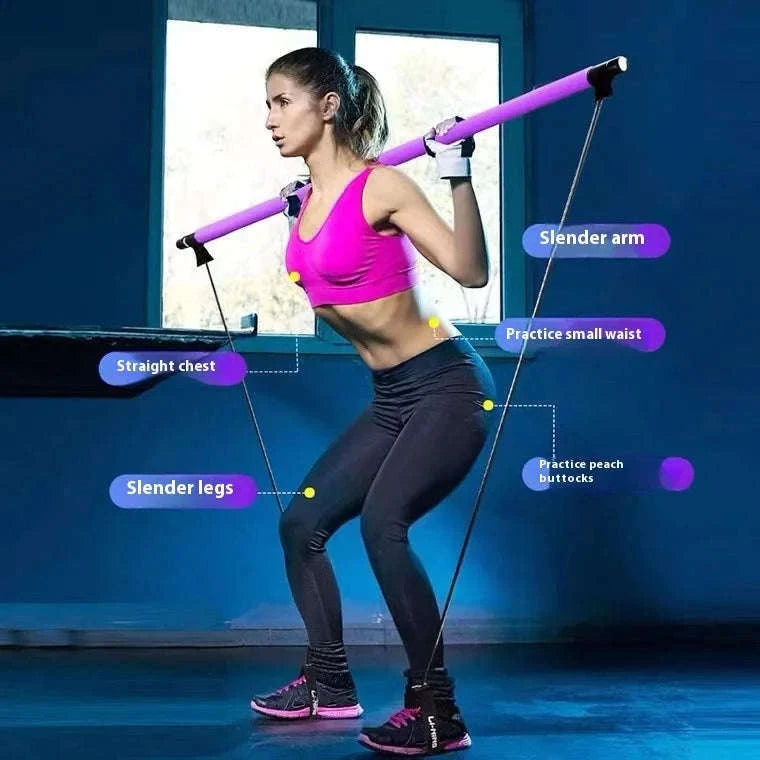 Pilates Stick with Resistance Bands for Full-Body Home Workout-blue