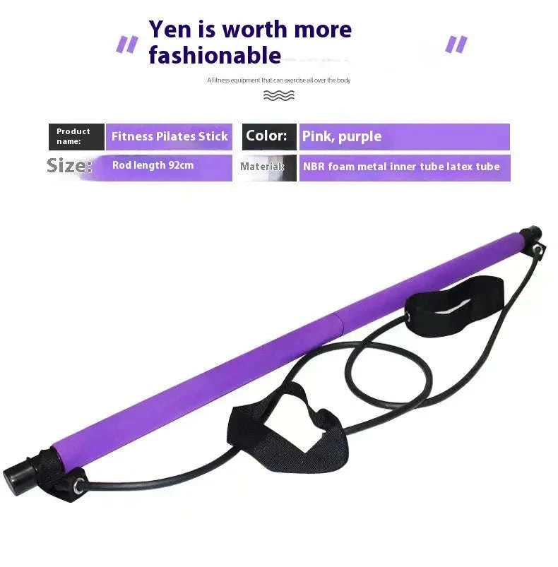 Pilates Stick with Resistance Bands for Full-Body Home Workout-blue