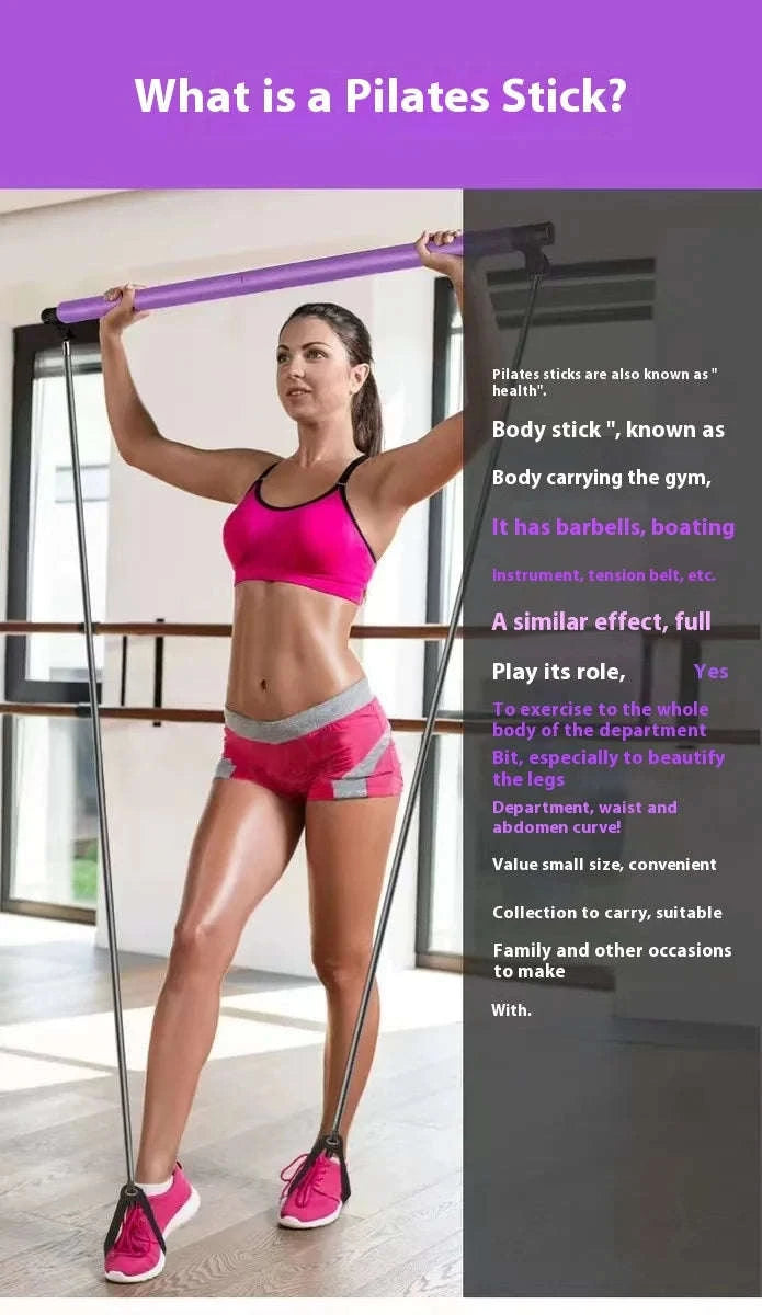 Pilates Stick with Resistance Bands for Full-Body Home Workout-blue