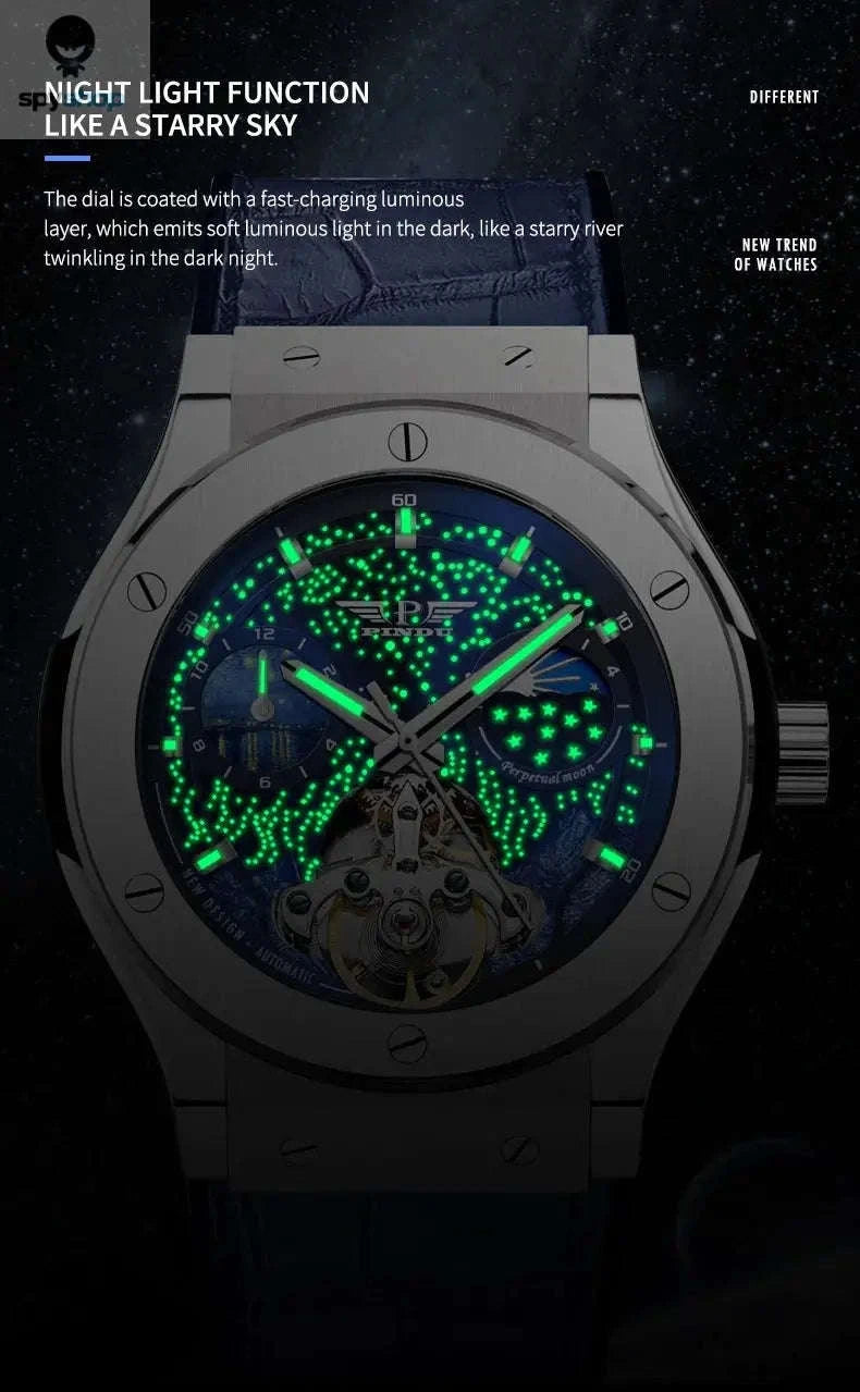 PINDU Luxury Men's Automatic Watch – Automatic Movement, Moon Phase, 5Bar Water Resistance-black