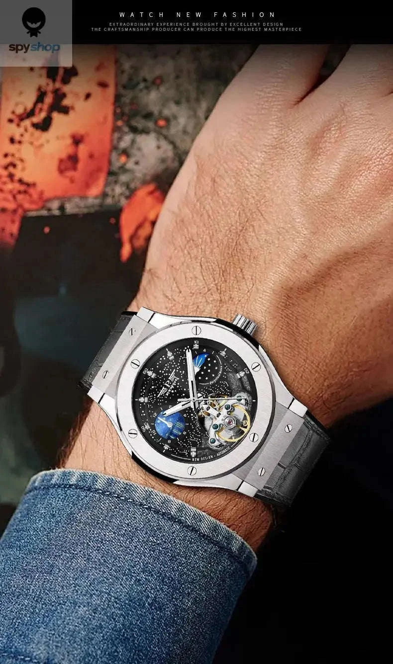 PINDU Luxury Men's Automatic Watch – Automatic Movement, Moon Phase, 5Bar Water Resistance-black