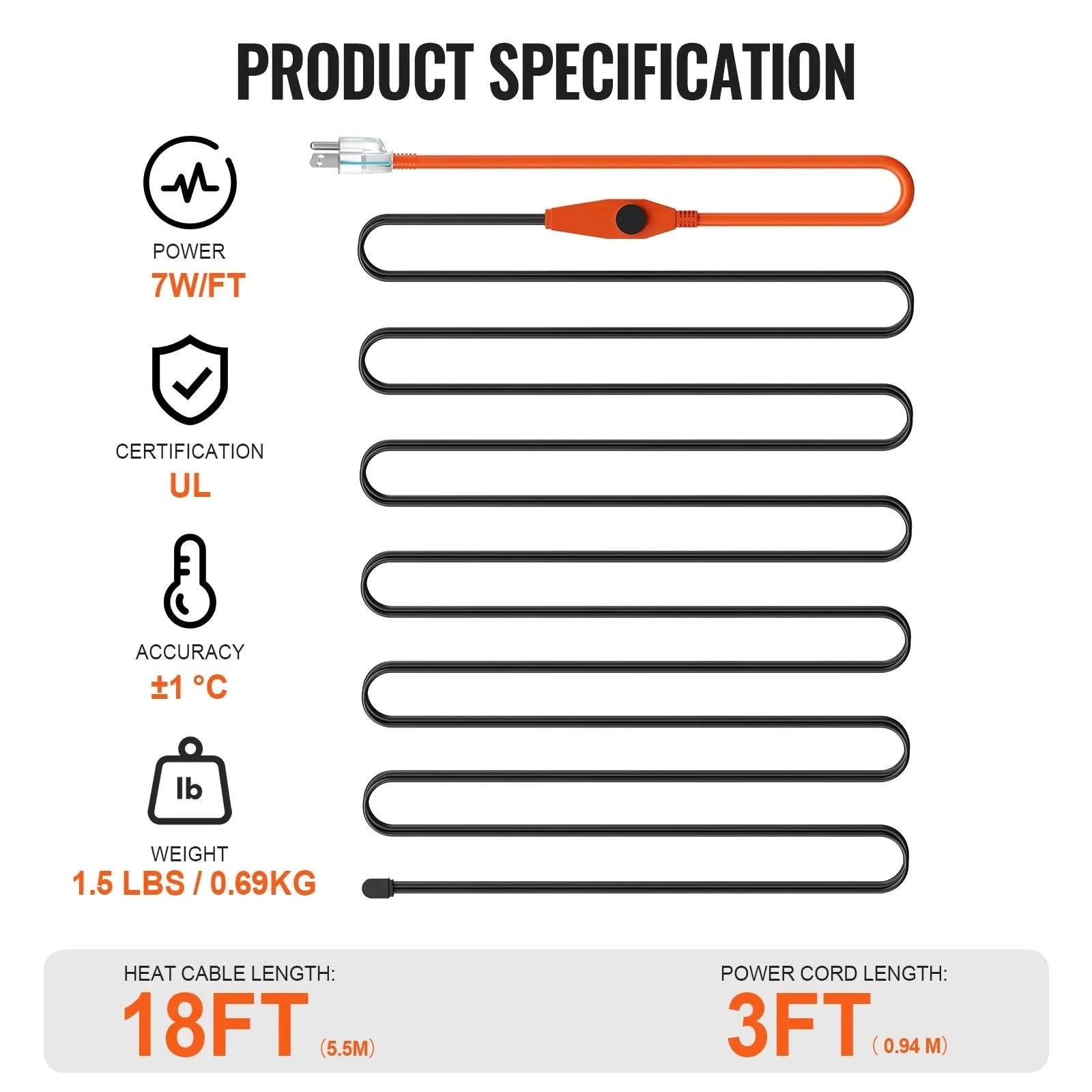 Pipe Heating Cable Heat Tape for Freeze Protection (6FT–30FT)-30FT / United States