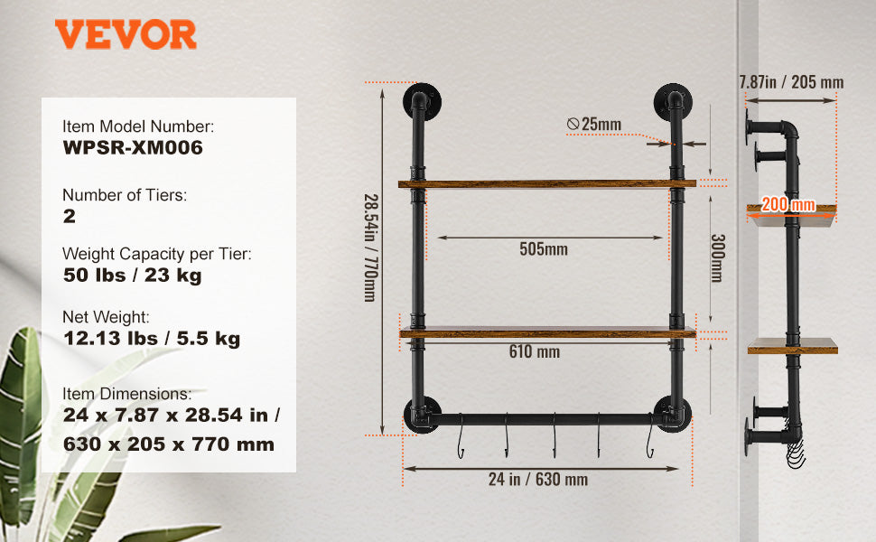 Industrial Pipe Wall Mount Floating Shelf Rack