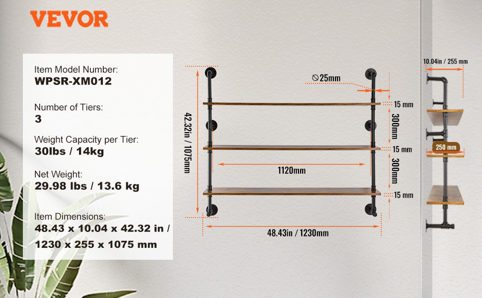 Industrial Pipe Wall Mount Floating Shelf Rack
