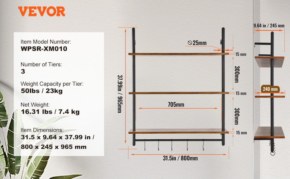 Industrial Pipe Wall Mount Floating Shelf Rack