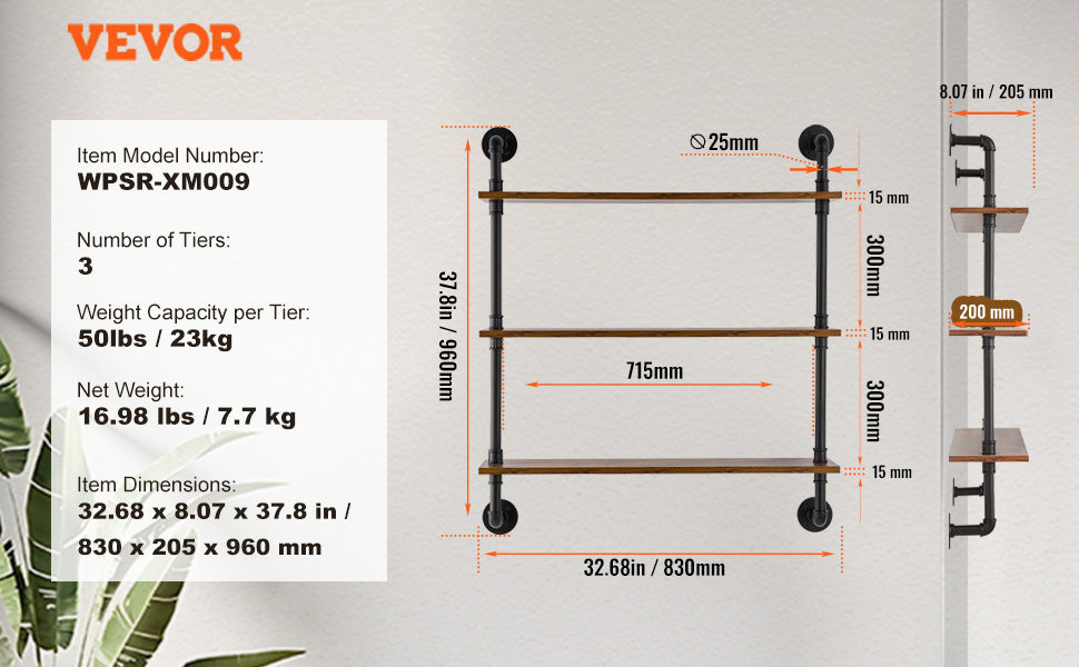Industrial Pipe Wall Mount Floating Shelf Rack