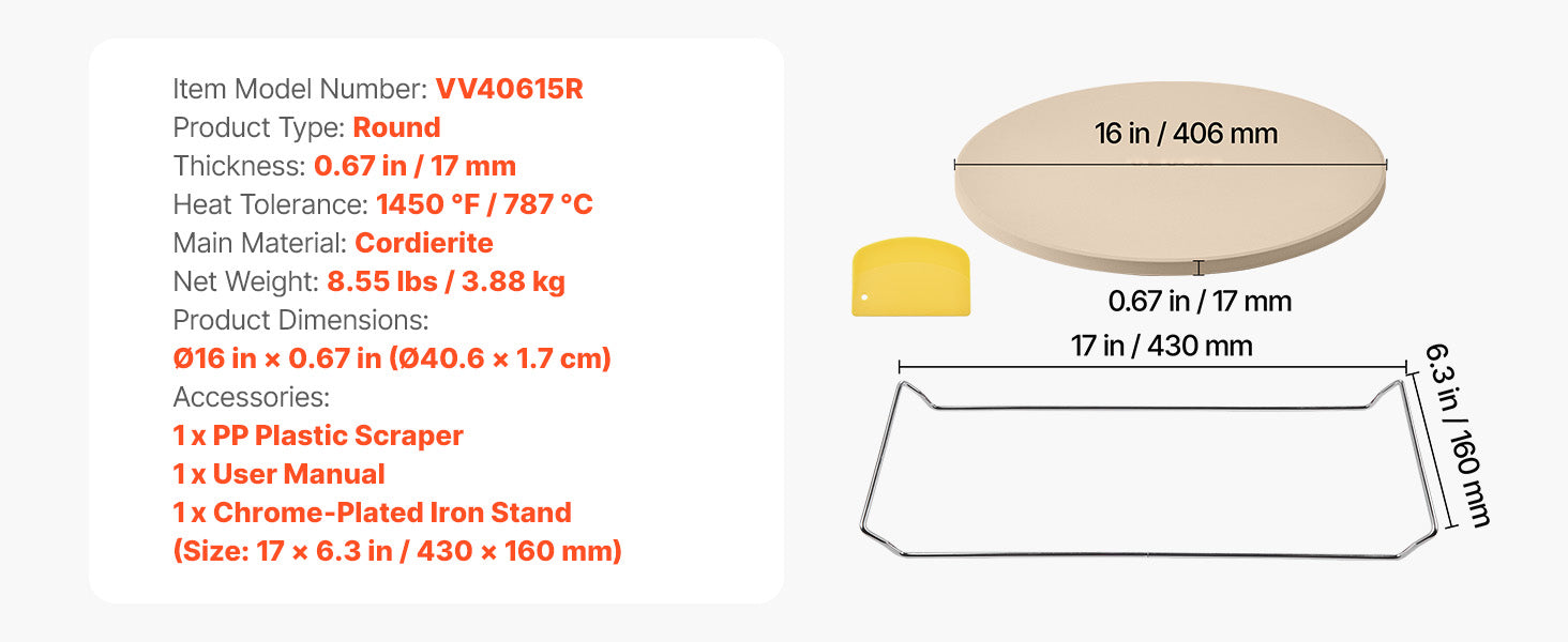 15-Inch Cordierite Pizza Stone with Peel & Scraper 1450°F
