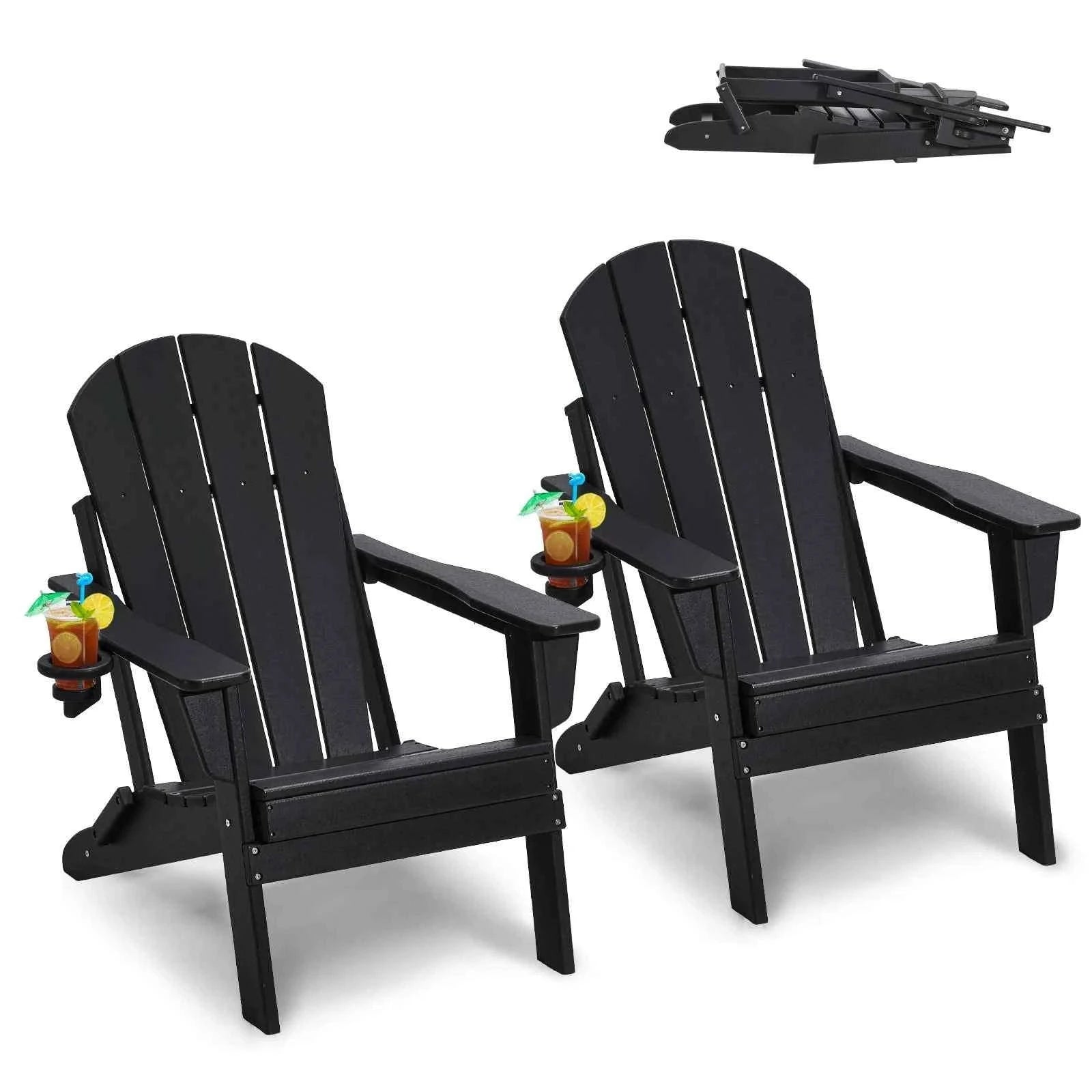 Plastic Adirondack Chair Set of 2 Foldable All-Weather with Cup Holder-Black / United States