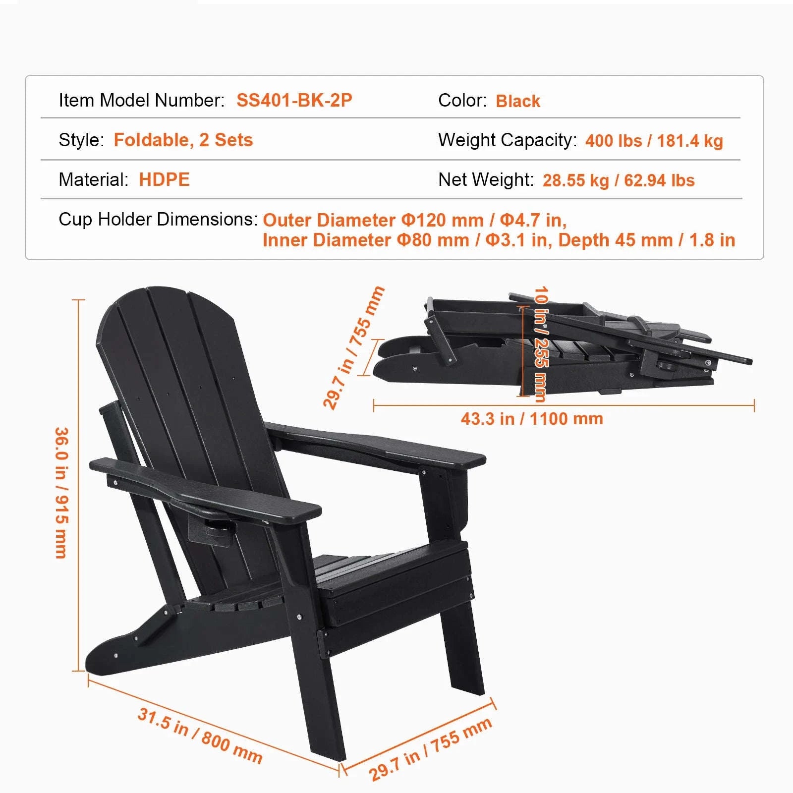 Plastic Adirondack Chair Set of 2 Foldable All-Weather with Cup Holder-Black / United States