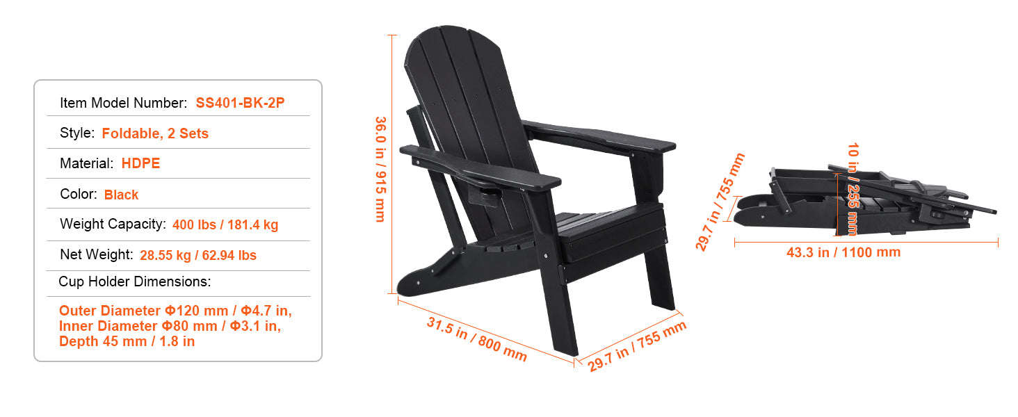 Plastic Adirondack Chair Set of 2 Foldable All-Weather with Cup Holder-Black / United States