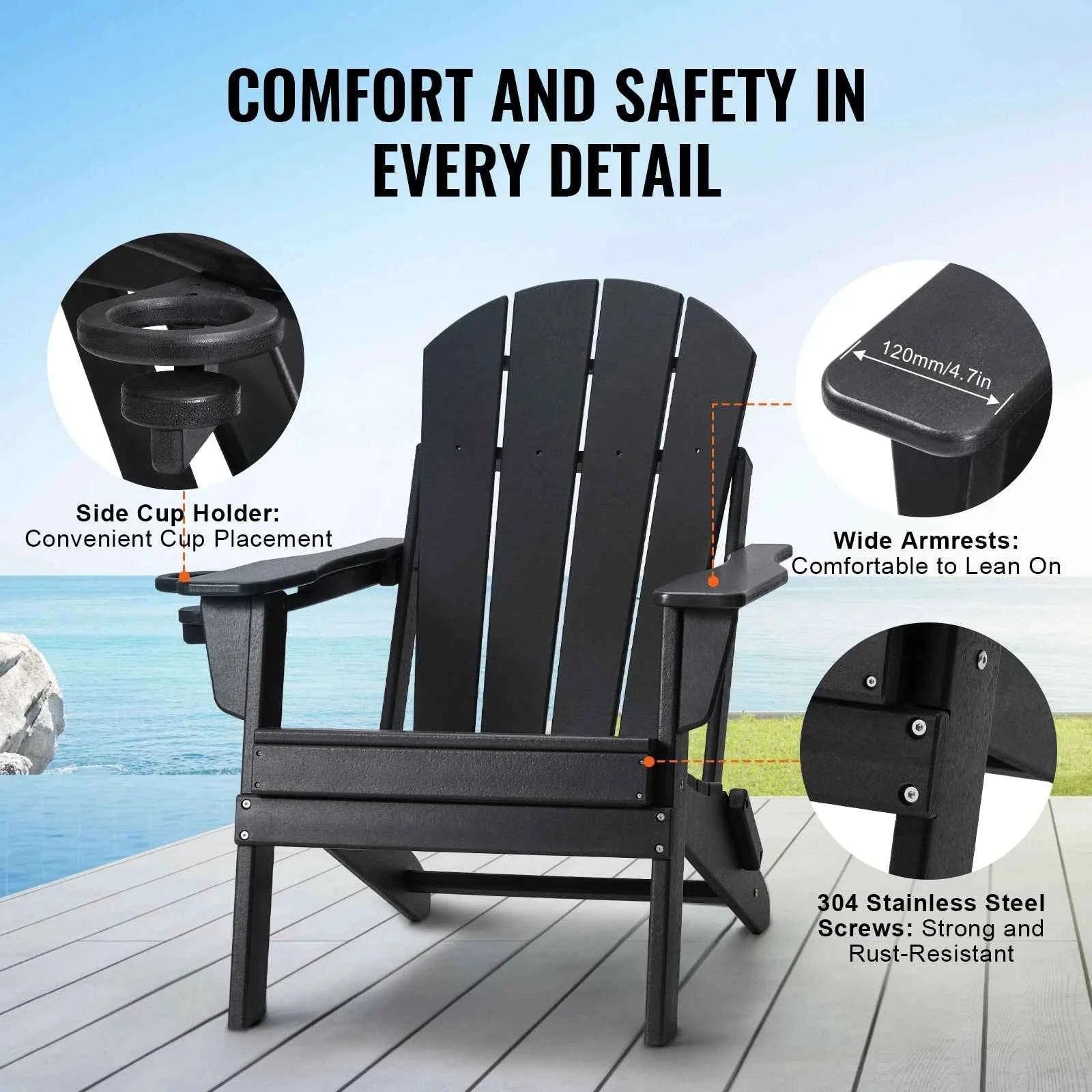 Plastic Adirondack Chair Set of 2 Foldable All-Weather with Cup Holder-Black / United States