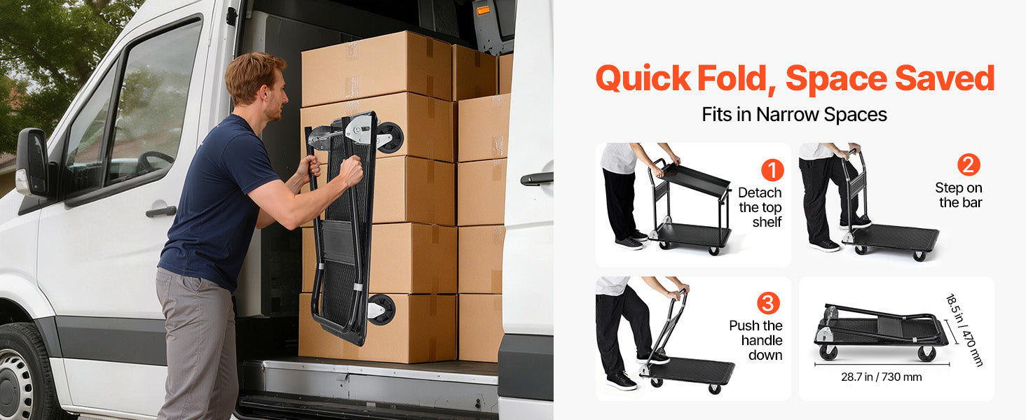 SucceBuy 700 lbs 2 Tier Foldable Heavy Push Cart Dolly Platform Hand Truck with Wheels Moving Flatbed Cart for Warehouse Garage