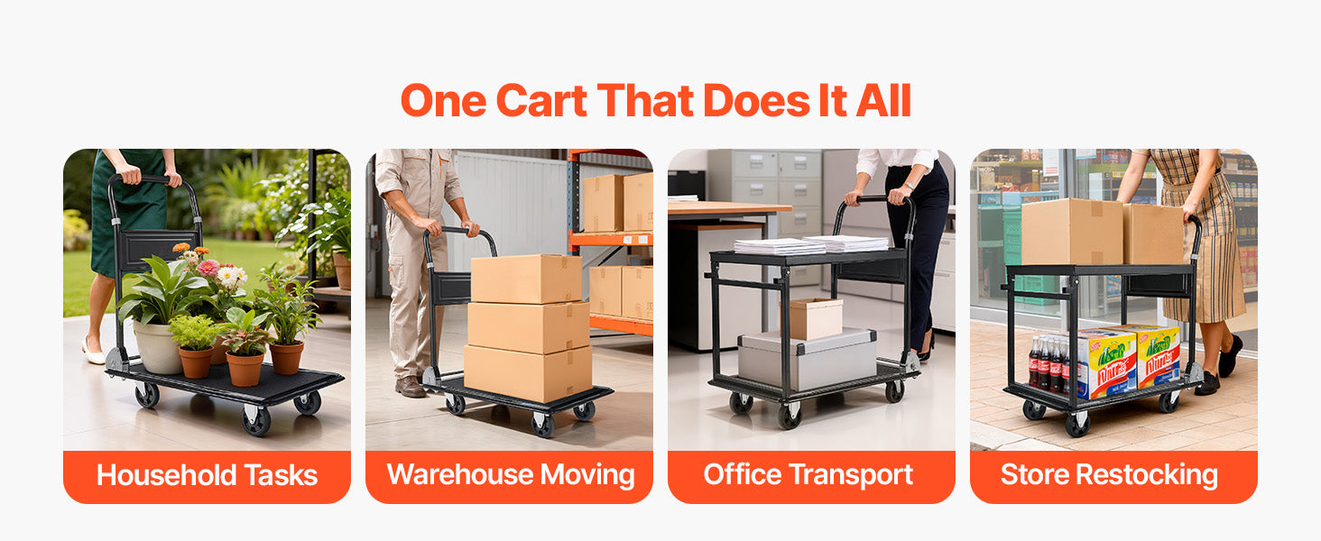 SucceBuy 700 lbs 2 Tier Foldable Heavy Push Cart Dolly Platform Hand Truck with Wheels Moving Flatbed Cart for Warehouse Garage