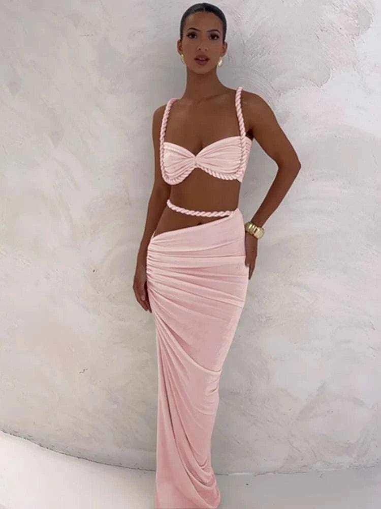 Pleated Crop Top and High Waist Maxi Skirt Two Piece Set-Coffee / M