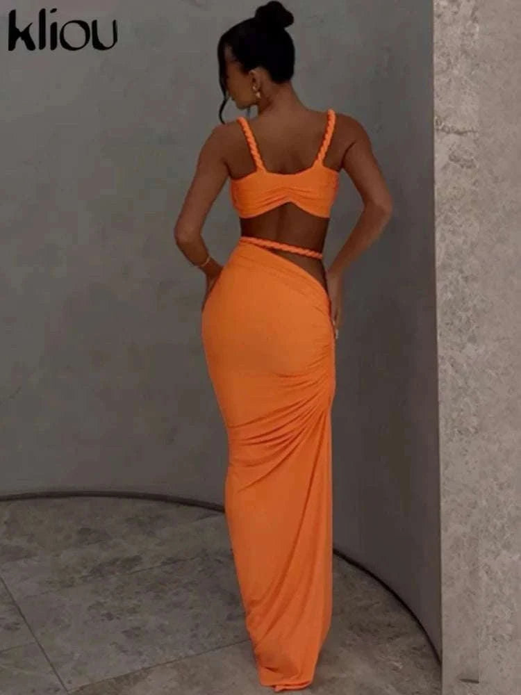 Pleated Crop Top and High Waist Maxi Skirt Two Piece Set-Coffee / M