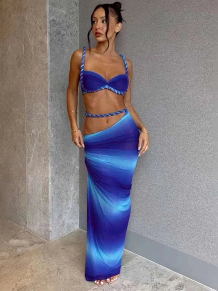 Pleated Crop Top and High Waist Maxi Skirt Two Piece Set-Coffee / M