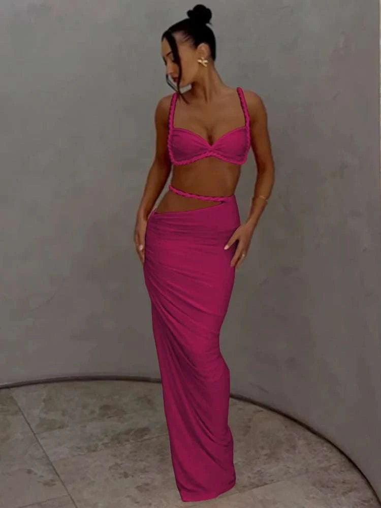 Pleated Crop Top and High Waist Maxi Skirt Two Piece Set-Coffee / M