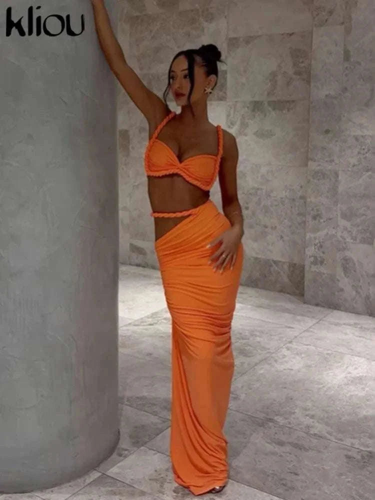 Pleated Crop Top and High Waist Maxi Skirt Two Piece Set-Coffee / M