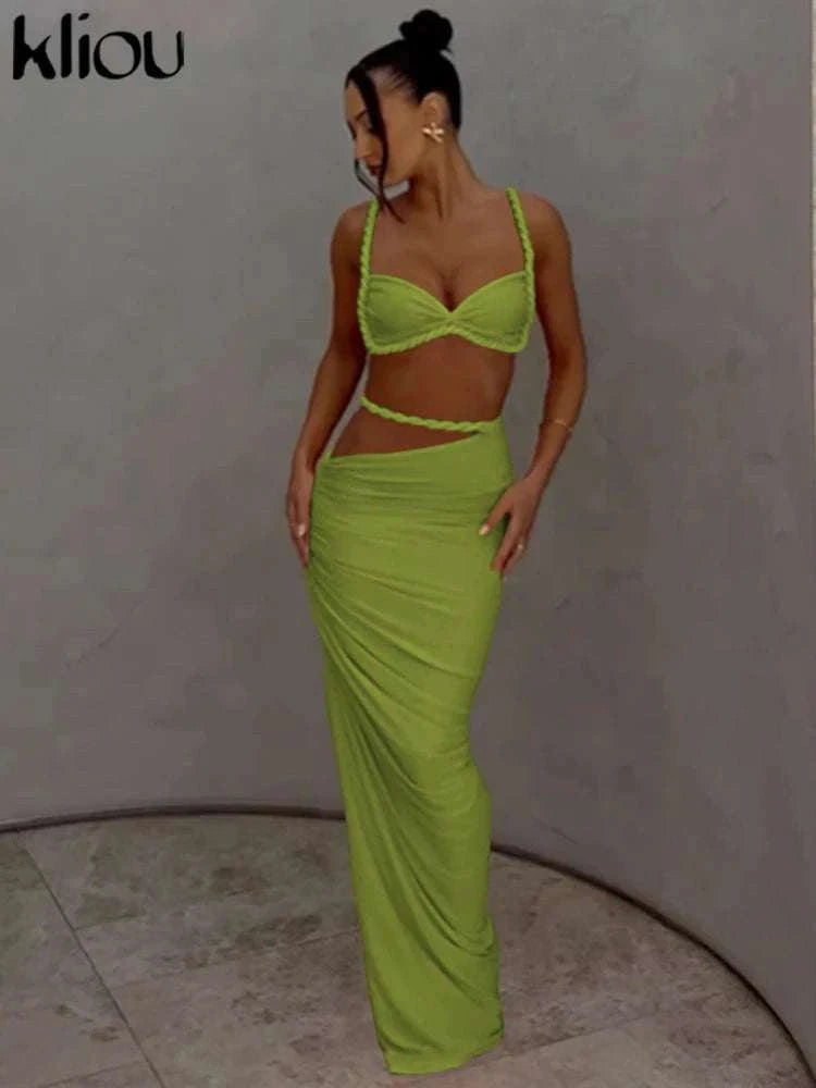 Pleated Crop Top and High Waist Maxi Skirt Two Piece Set-Coffee / M
