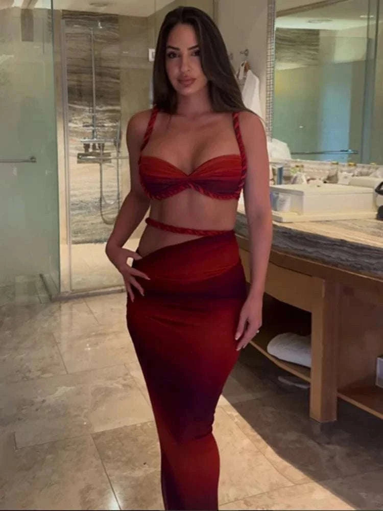 Pleated Crop Top and High Waist Maxi Skirt Two Piece Set-Coffee / M