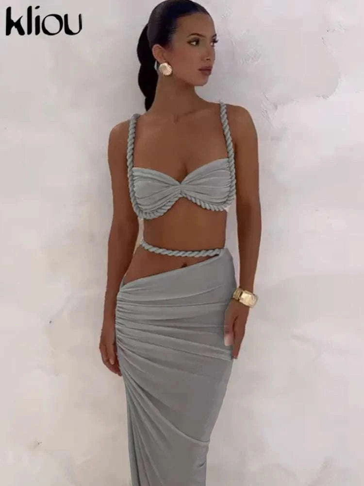 Pleated Crop Top and High Waist Maxi Skirt Two Piece Set-Coffee / M