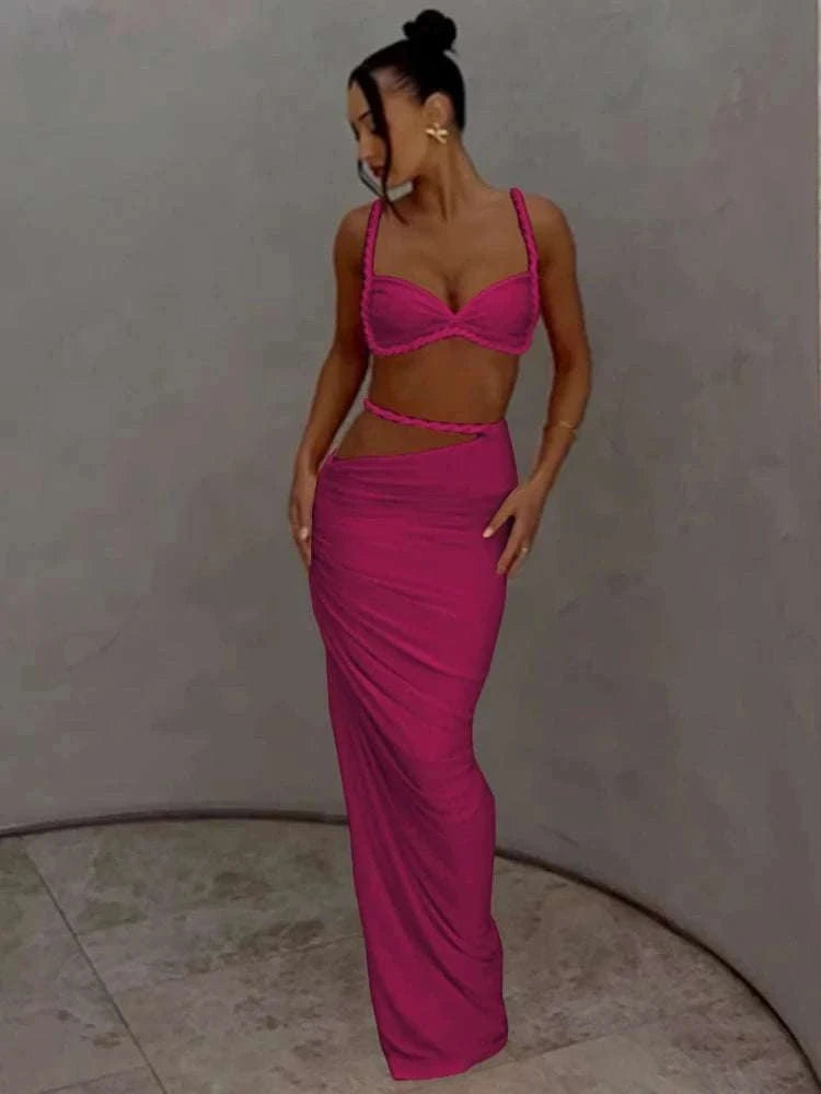 Pleated Crop Top and High Waist Maxi Skirt Two Piece Set-Coffee / M