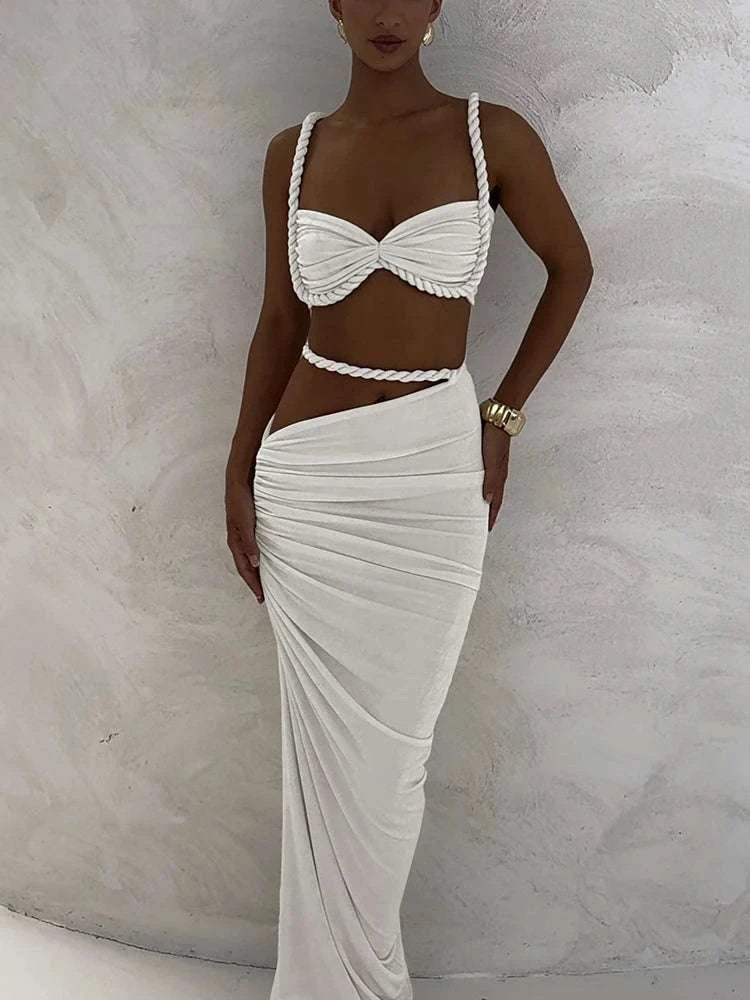 Pleated Crop Top and High Waist Maxi Skirt Two Piece Set-Coffee / M