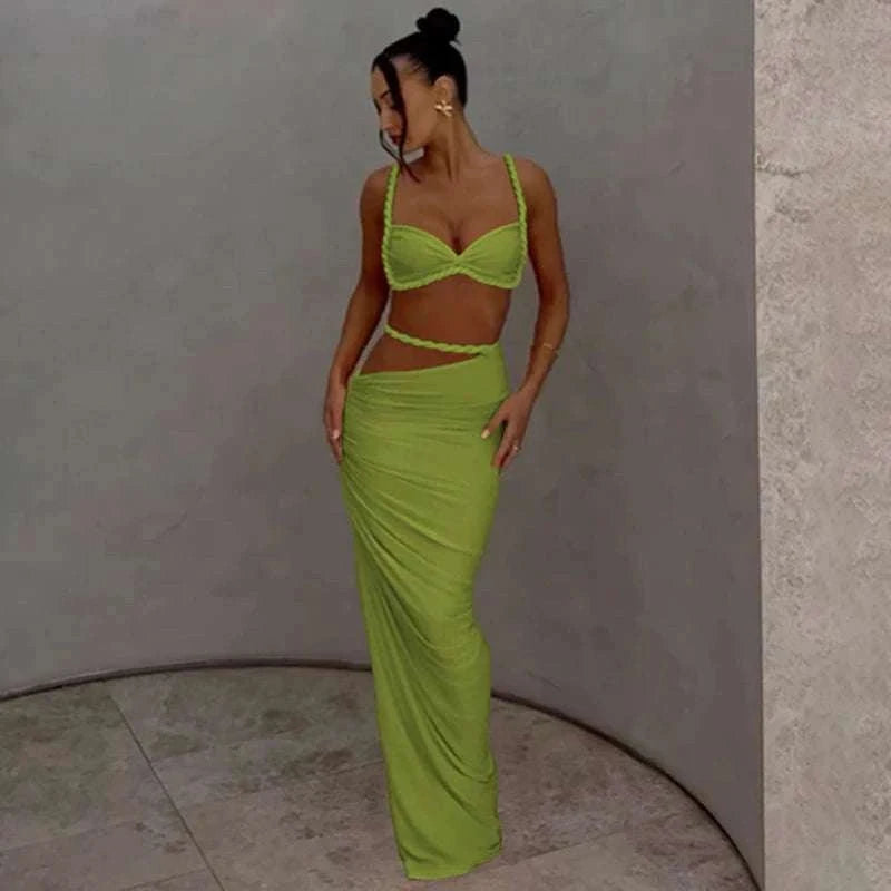 Pleated Crop Top and High Waist Maxi Skirt Two Piece Set-Coffee / M