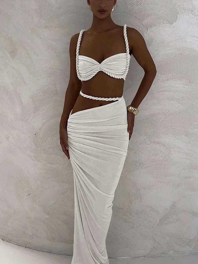 Pleated Crop Top and High Waist Maxi Skirt Two Piece Set-Coffee / M