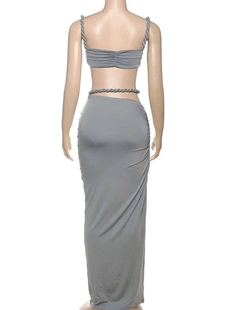 Pleated Crop Top and High Waist Maxi Skirt Two Piece Set-Coffee / M