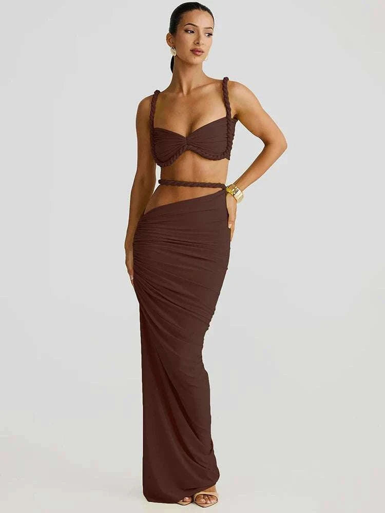 Pleated Crop Top and High Waist Maxi Skirt Two Piece Set-Coffee / M