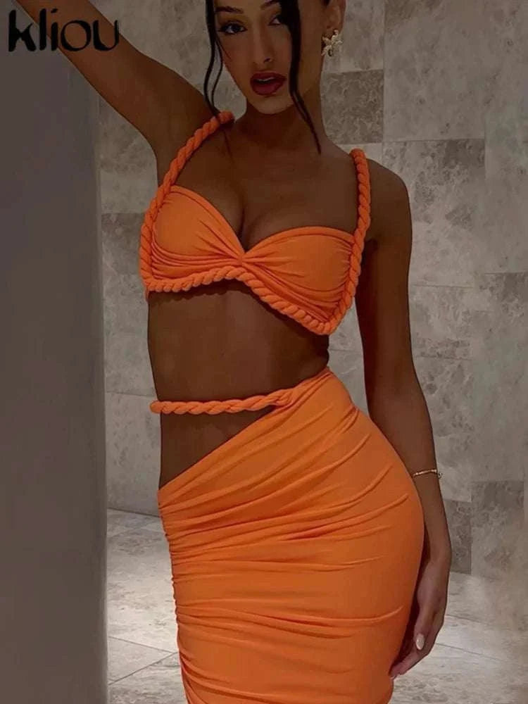 Pleated Crop Top and High Waist Maxi Skirt Two Piece Set-Coffee / M