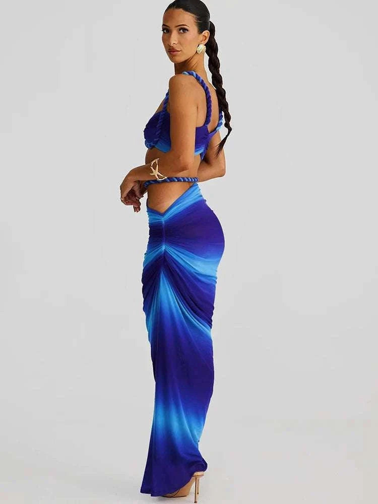Pleated Crop Top and High Waist Maxi Skirt Two Piece Set-Coffee / M